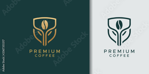 Two minimalist premium coffee logos featuring a stylized bean in a shield with leaf elements, one gold on dark green and one dark grey on light grey.