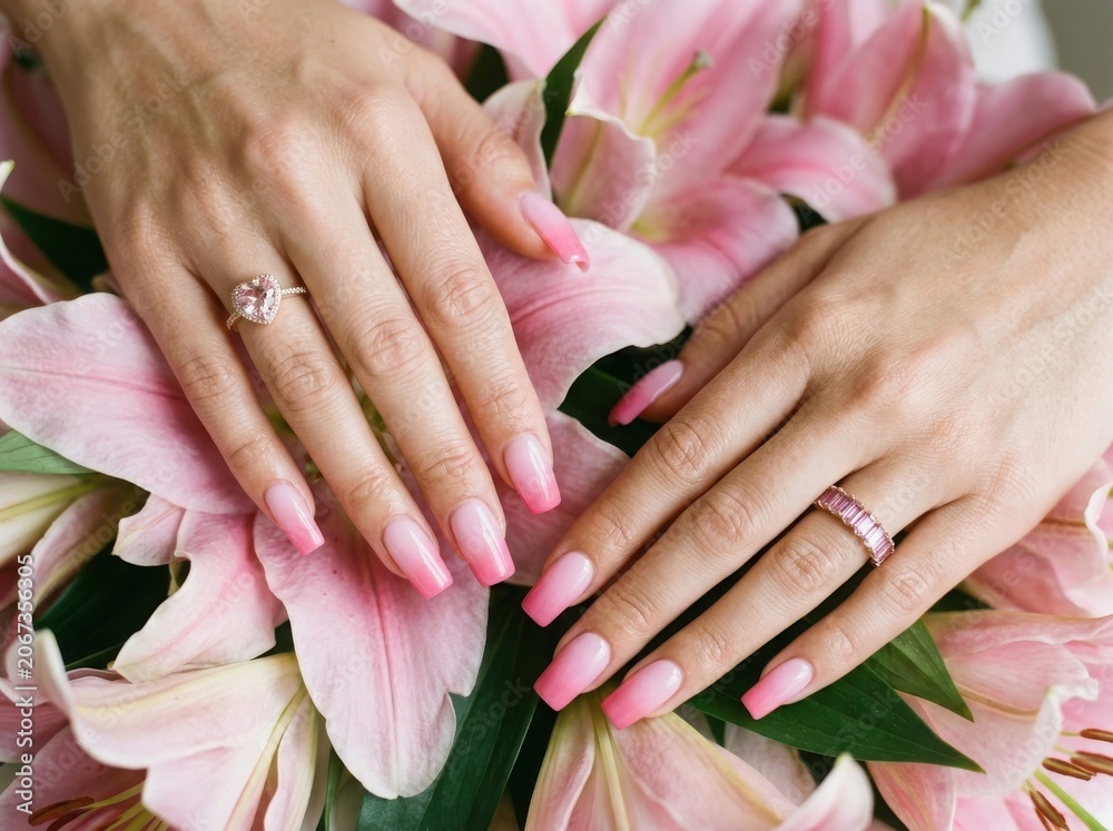 Fototapeta premium Closeup of a womans hands with pink ombre nails and elegant jewelry resting on a bouquet of fresh pink lilies