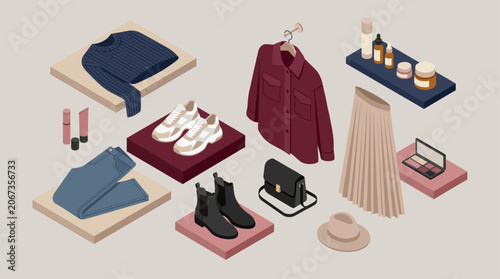 Flat lay isometric view of a curated collection of stylish clothing, shoes, and accessories for a modern wardrobe.