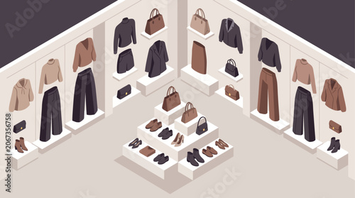 Modern clothing store interior design with isometric display of women's fashion apparel and accessories.