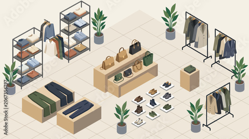 Isometric view of a modern clothing store interior with apparel, shoes, and handbags displayed on shelves and racks.