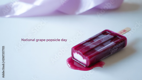 A melting grape popsicle on a white surface with text indicating National Grape Popsicle Day