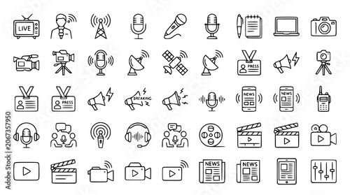 Media and Live News Line Icon Set with Broadcasting Journalism TV Radio and Communication Outline Symbols