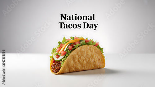 A close-up of a taco filled with lettuce, tomatoes, cheese, and beans on a white surface with 'National Tacos Day' text above.