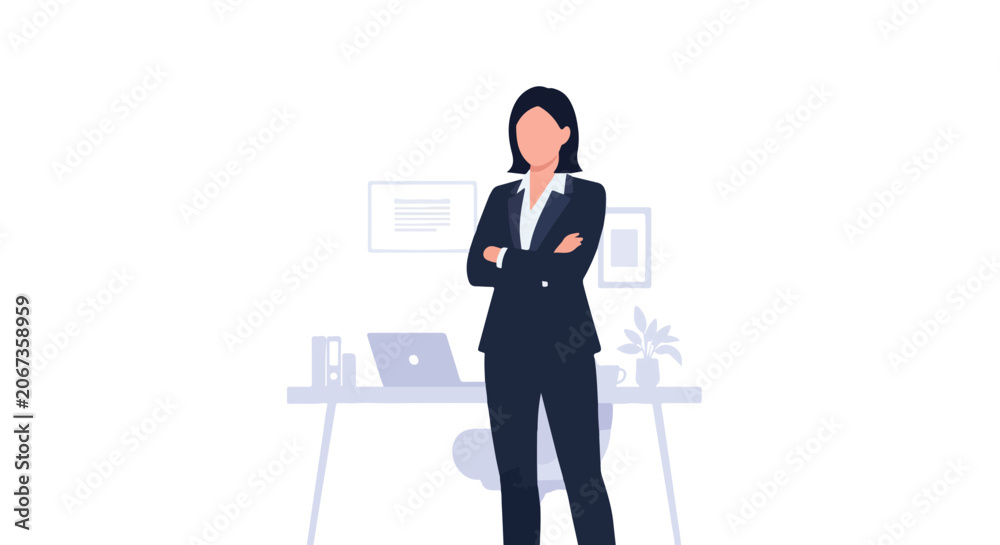 © Violet - A professional woman stands with crossed arms in a minimalist office setting, wearing a dark navy business suit and a white shirt. © Violet - A professional woman stands with crossed arms in a minimalist office setting, wearing a dark navy business suit and a white shirt.