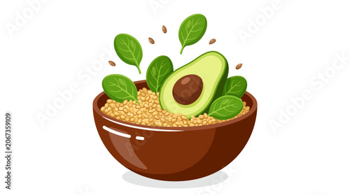 Fresh avocado bowl with spinach and grains on white background vector illustration.