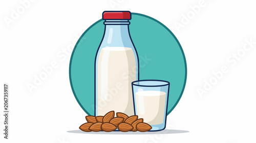Fresh almond milk bottle and glass with whole almonds illustration.