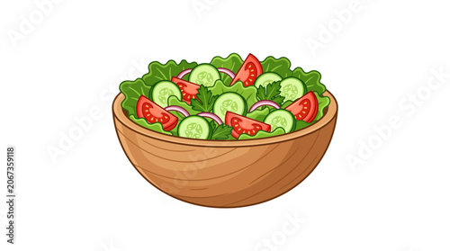 Fresh garden salad with tomatoes, cucumbers, and red onions in a wooden bowl.