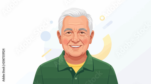 Friendly portrait of a smiling senior man with grey hair against abstract background.