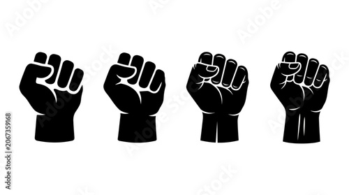 Four black silhouettes of raised fists symbolizing protest and social justice movements.