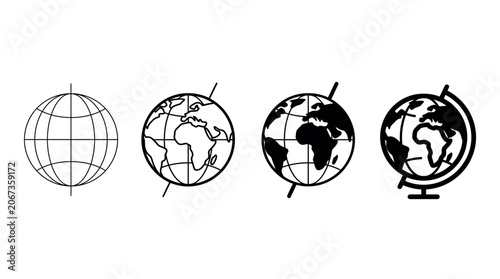 Four world map globe icons in various graphic styles.