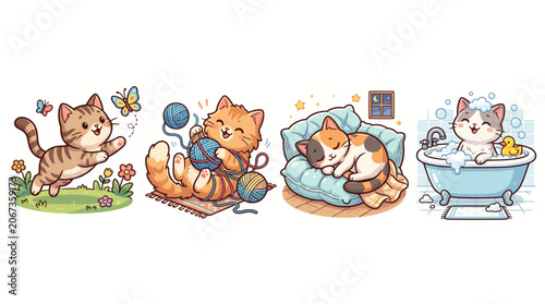 Four illustrations of cute kittens playing, knitting, sleeping, and taking a bath.