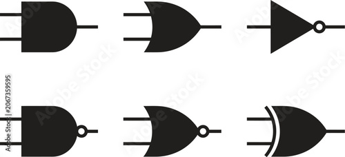 collection of six digital logic gate symbols on white background