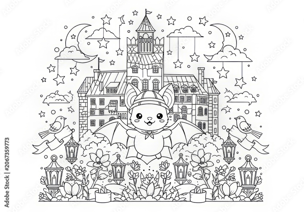 Fototapeta premium Cute bat coloring page with castle and night sky elements.