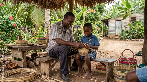 An Haiti father smiles as he teaches a young boy the traditional craft of weaving bamboo baskets under a thatched-roof shelter