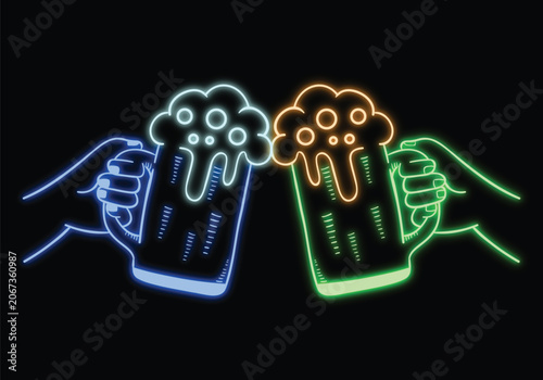 Foto Neon beer mugs clinking hands toasting glowing bar sign sketch vector illustrati