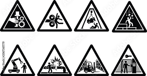 Industrial Safety Warning Signs Collection with Workplace Hazard Triangle IconsIndustrial Safety Warning Signs Collection with Workplace Hazard Triangle Icons
