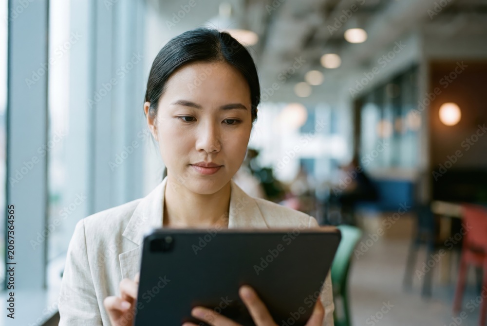 Obraz premium Woman Tablet Coworking Space Asian Professional Focused Indoor