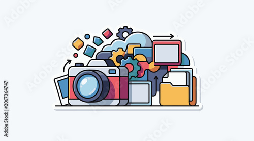 Colorful graphic illustration of a camera surrounded by various digital media icons