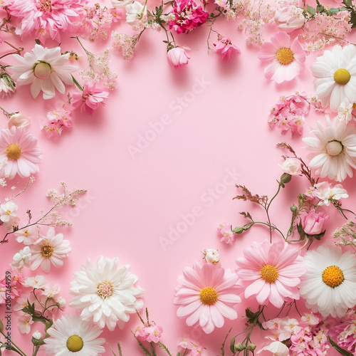Beautiful pink and white flowers frame on pastel background with copy space.