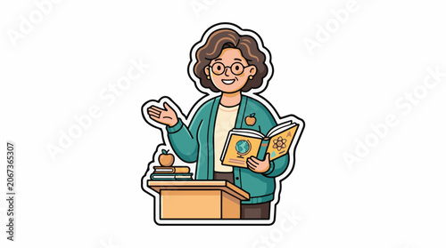 A cartoon woman with brown hair and glasses stands at a desk, holding a book and gesturing