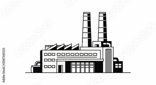 A black and white illustration of an industrial factory with smokestacks