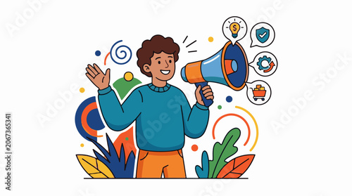 A cartoon man with a megaphone surrounded by colorful abstract shapes and icons