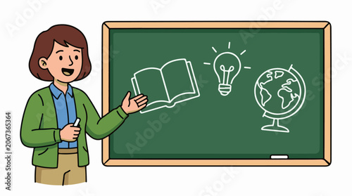 A cartoon woman teaching in front of a green chalkboard