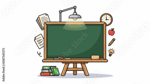 A cartoon illustration of a green chalkboard with a lamp, books, and school supplies
