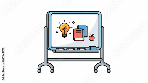 A digital illustration of a stand-up whiteboard with a lightbulb, books, and an apple