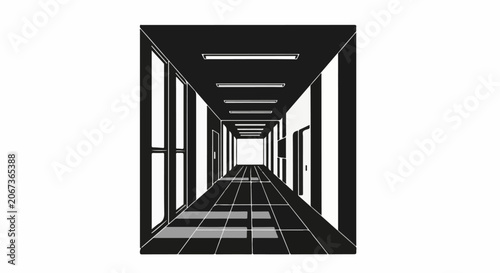 A black and white illustration of a long, empty corridor with windows