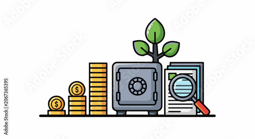 A cartoon illustration of a safety deposit box, coins and stack of coins with dollar signs on them, a growing plant, and documents with a magnifying glass