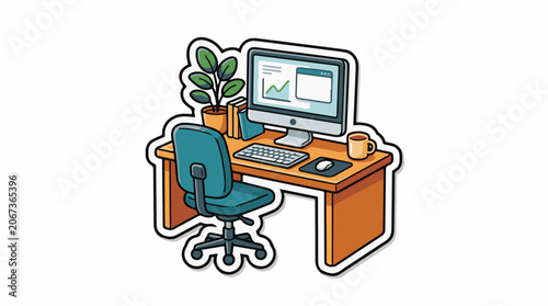 A cartoon office desk with computer, chair and plant