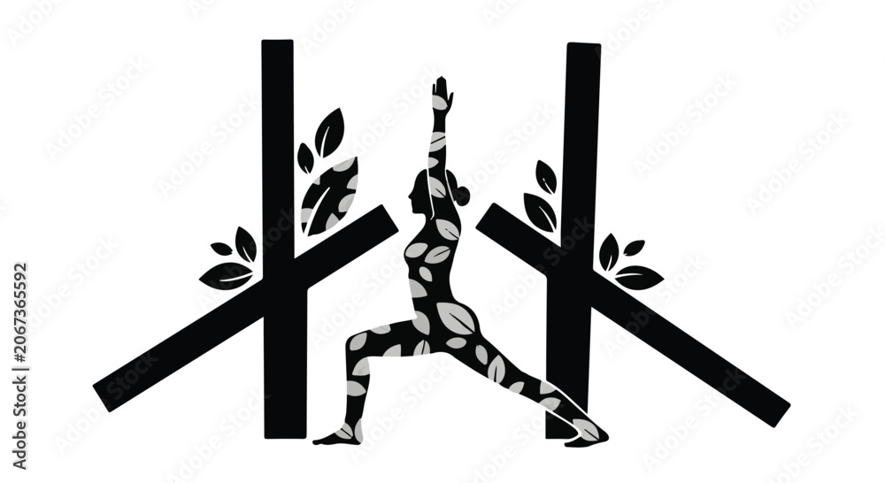 © Saif - Graceful woman in warrior pose embraces nature's energy with stylized branches and leaves.