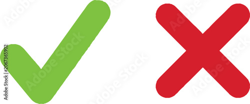 Green check mark and red cross symbol isolated on white background
