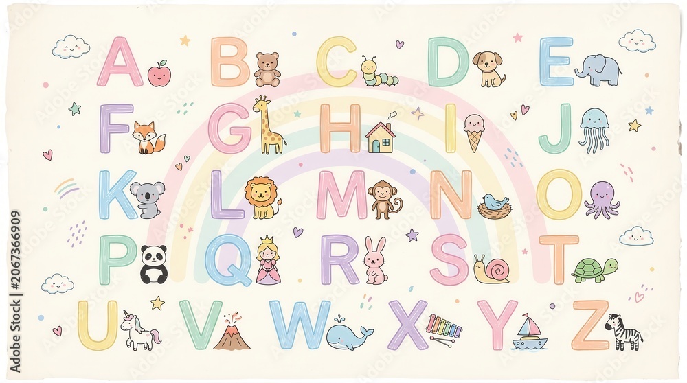 Obraz premium Charming animal/object alphabet letters on a pastel rainbow