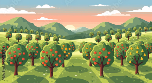 Vibrant fruit trees laden with ripe produce in a sunny orchard.