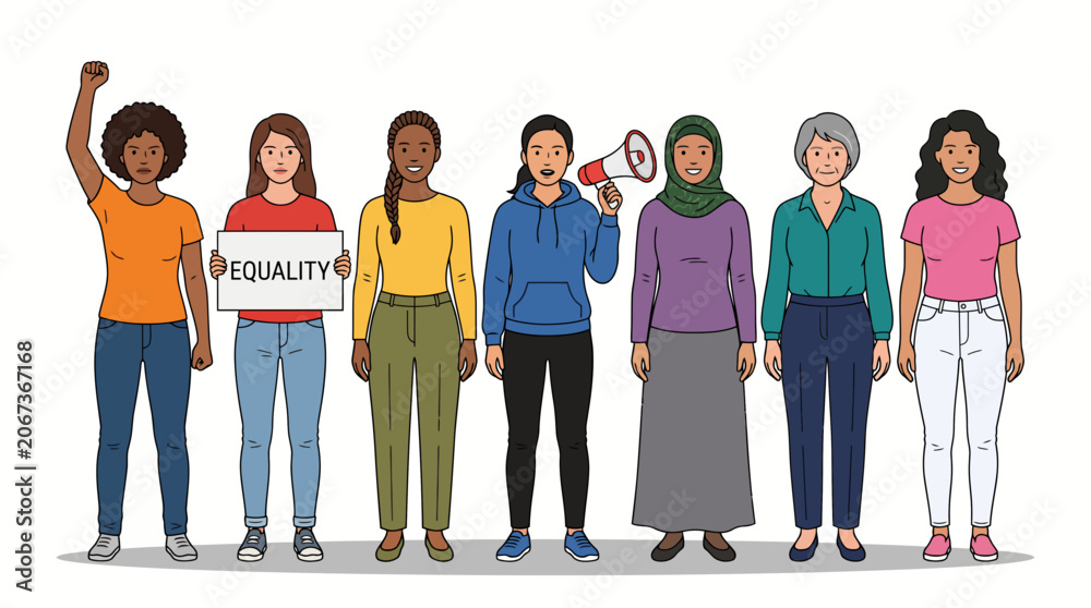 Fototapeta premium Group of diverse women standing together holding a sign for equality and justice.