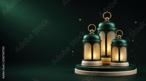 Decorative Ramadan lanterns glowing with warm light on podium, Eid celebration symbols