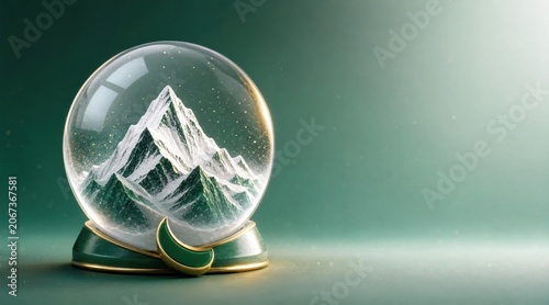 Snow globe with majestic snow covered mountains inside and a green base