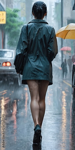 Single woman in rainfall on street