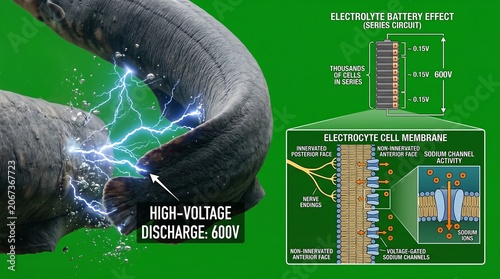 Cuadro en lienzo Electric eel discharge illustration with electrolyte battery and cell membrane d