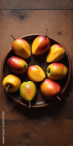 Fresh ripe mango fruits on wooden table. Top view