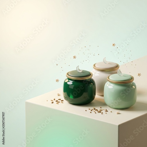Three decorative ceramic jars with gold accents arranged on a geometric modern pedestal