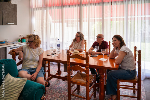 Obraz na plátně Friends sharing impressions and discussing aromas during a home wine tasting ses
