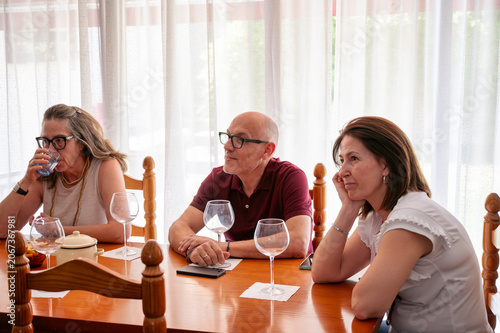 Obraz na plátně Group of mature friends listening attentively to the winemaker’s explanations du