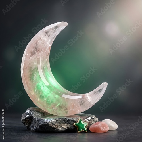 Crescent moon crystal decor with green light and small stones on rock base