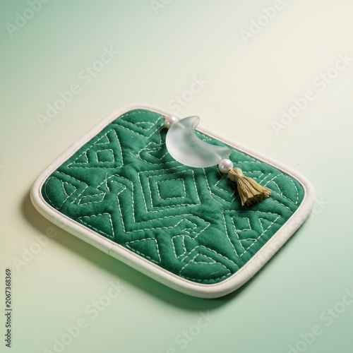 Decorative green quilted coaster with crescent moon and tassel detail