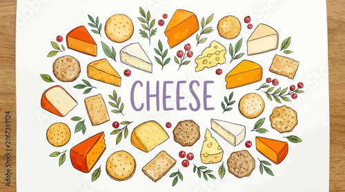 Hand-drawn illustration of various cheese wedges and snacks with the word cheese.