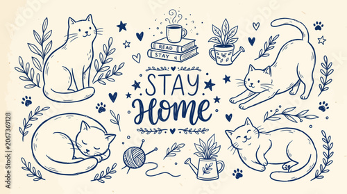 Hand drawn cat sketches and stay home lettering doodle collection.